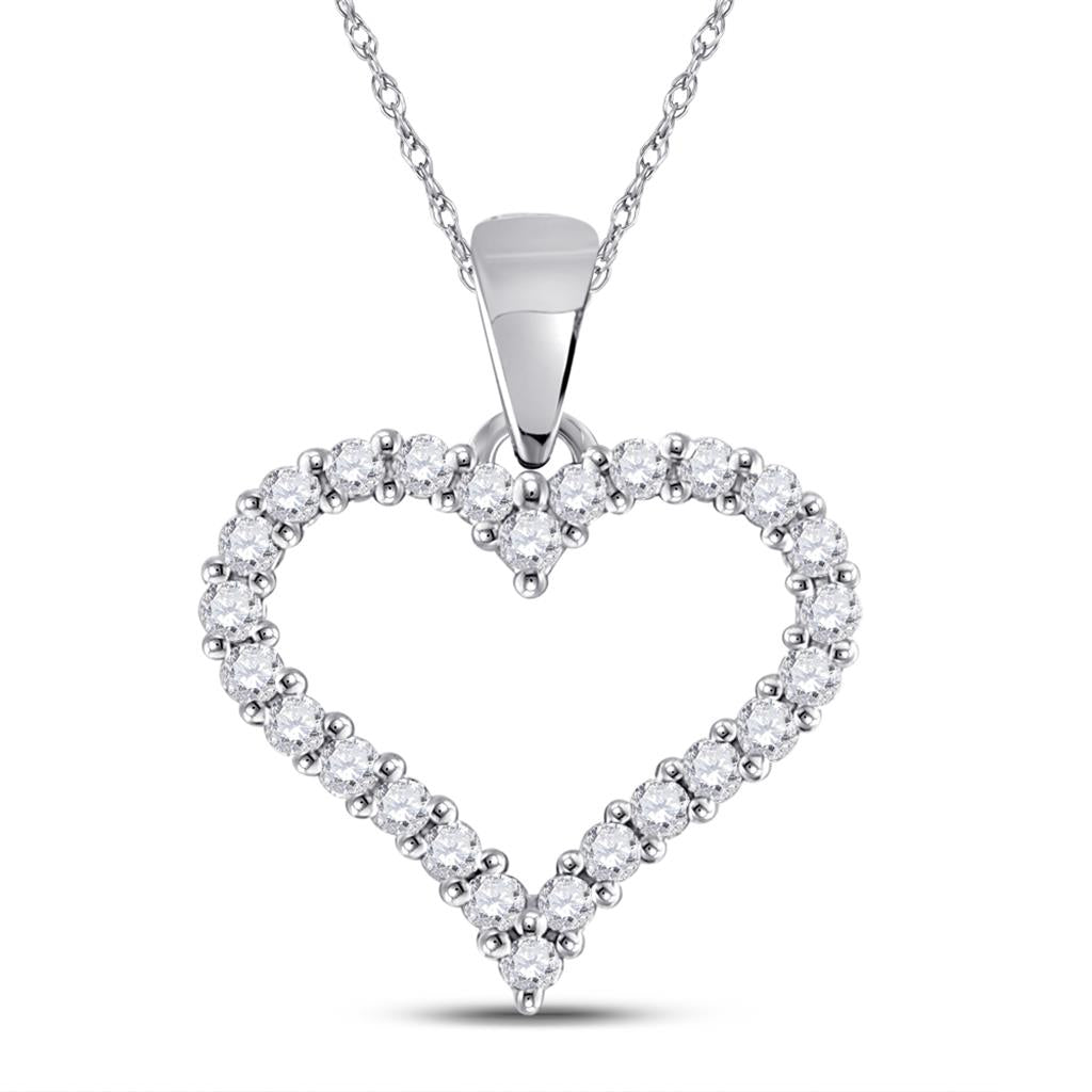 14k White Gold Round Diamond Outline Heart Pendant 1/4 Cttw