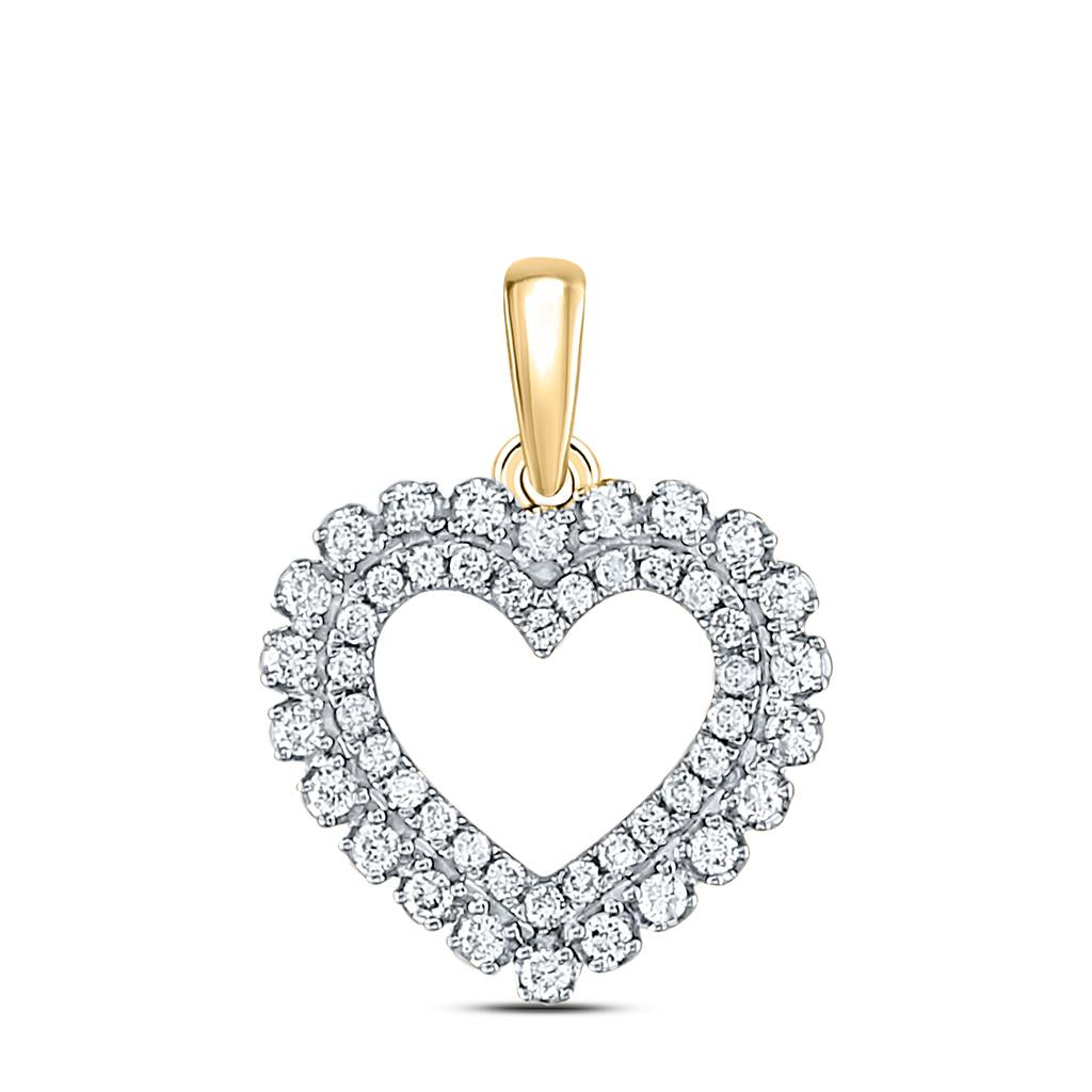 14k Yellow Gold Round Diamond Double Outline Heart Pendant 3/8 Cttw