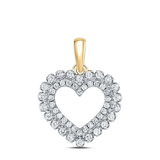 14k Yellow Gold Round Diamond Double Outline Heart Pendant 3/8 Cttw
