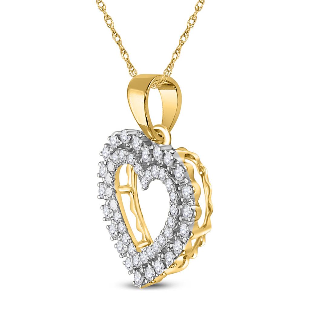 14k Yellow Gold Round Diamond Double Outline Heart Pendant 3/8 Cttw