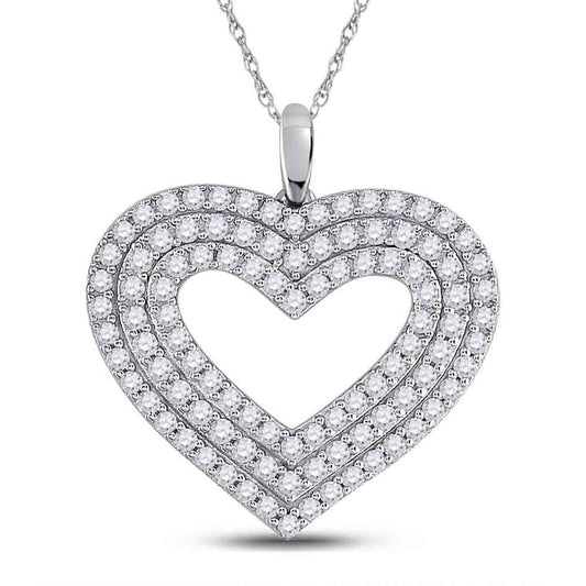 14k White Gold Round Diamond Heart Pendant 1 Cttw
