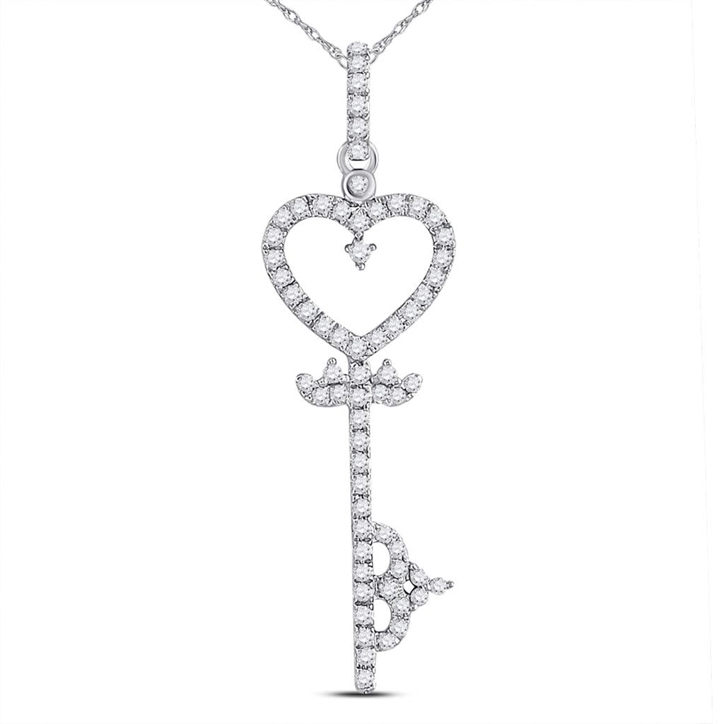 14k White Gold Round Diamond Key Heart Pendant 1/5 Cttw