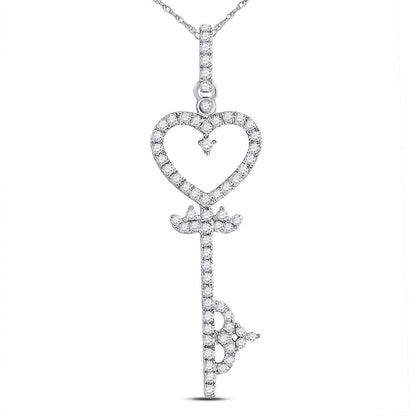 14k White Gold Round Diamond Key Heart Pendant 1/5 Cttw