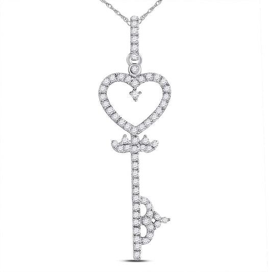 14k White Gold Round Diamond Key Heart Pendant 1/5 Cttw