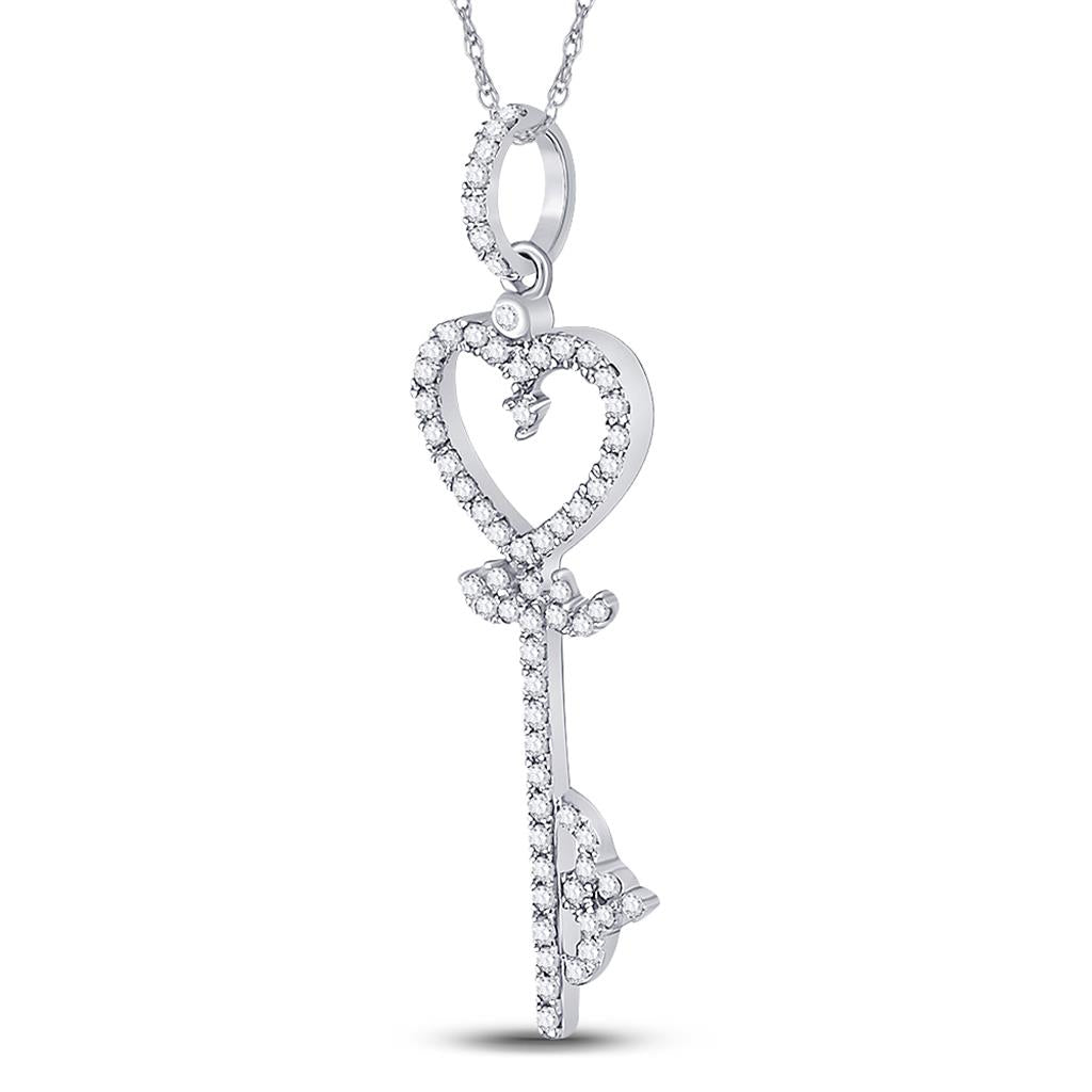 14k White Gold Round Diamond Key Heart Pendant 1/5 Cttw