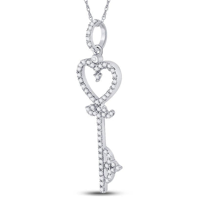 14k White Gold Round Diamond Key Heart Pendant 1/5 Cttw