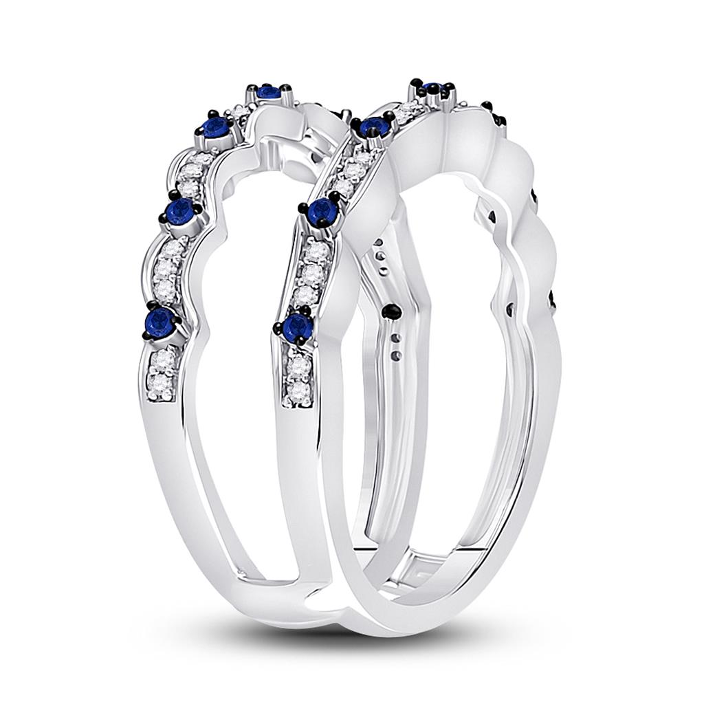 14k White Gold Round Diamond Blue Sapphire Negative Space Band Ring 1/3 Cttw