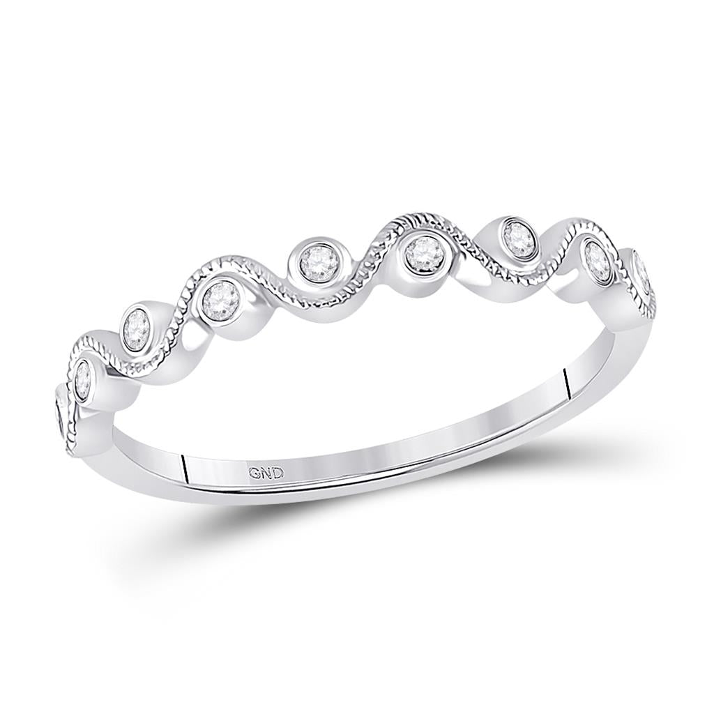 14k White Gold Round Diamond Wave Stackable Band Ring 1/10 Cttw