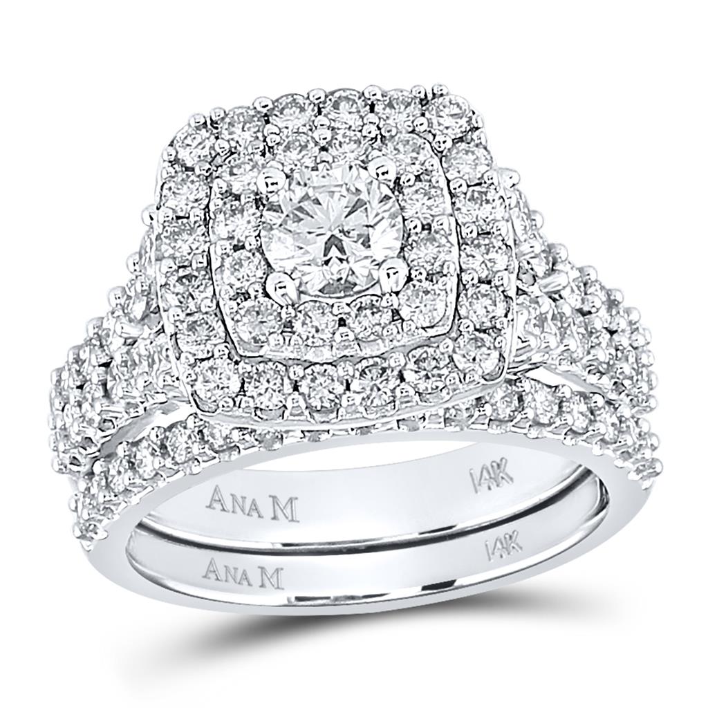 14k White Gold Round Diamond Halo Bridal Wedding Ring Set 2 Cttw (Certified)