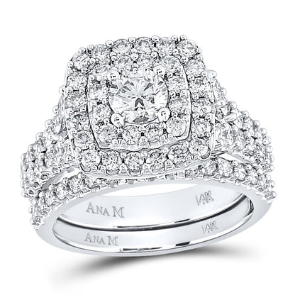 14k White Gold Round Diamond Halo Bridal Wedding Ring Set 2 Cttw (Certified)