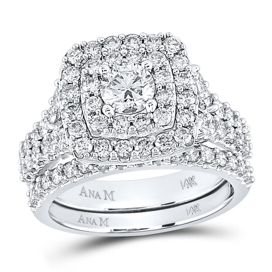 14k White Gold Round Diamond Halo Bridal Wedding Ring Set 2 Cttw (Certified)