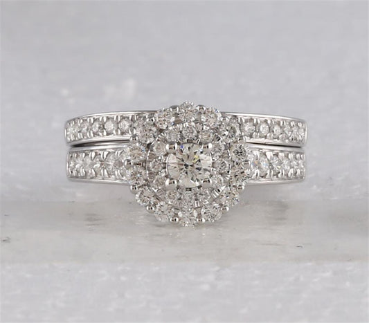 14k White Gold Round Diamond Bridal Wedding Ring Set 1 Cttw (Certified)