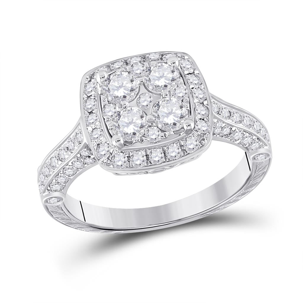 14k White Gold Round Diamond Cluster Bridal Engagement Ring 1-1/4 Cttw