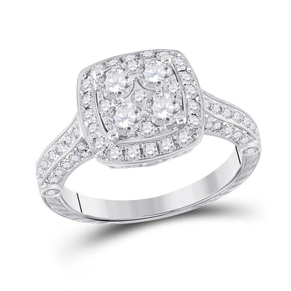 14k White Gold Round Diamond Cluster Bridal Engagement Ring 1-1/4 Cttw