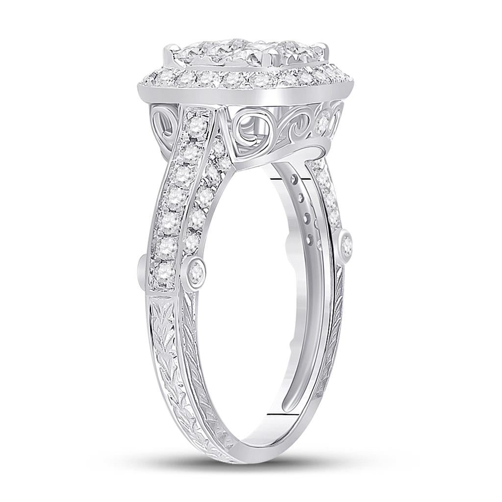 14k White Gold Round Diamond Cluster Bridal Engagement Ring 1-1/4 Cttw