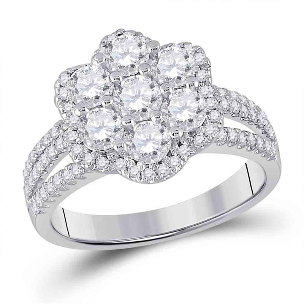 14k White Gold Round Diamond Cluster Bridal Engagement Ring 1-3/4 Cttw