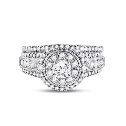 14k White Gold Round Diamond Bridal Wedding Ring Set 1 Cttw (Certified)