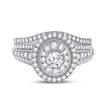 14k White Gold Round Diamond Bridal Wedding Ring Set 1 Cttw (Certified)
