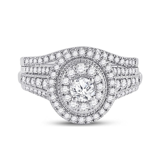 14k White Gold Round Diamond Bridal Wedding Ring Set 1 Cttw (Certified)