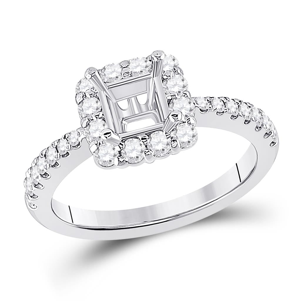 14k White Gold Round Diamond 1 Ct Princess Center Halo Bridal Semi-Mount 5/8 Ctw