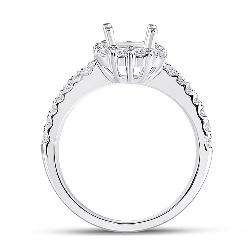 14k White Gold Round Diamond 1 Ct Princess Center Halo Bridal Semi-Mount 5/8 Ctw