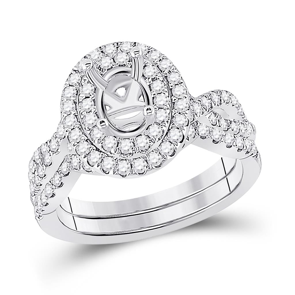 14k White Gold Round Diamond 1 Ct Oval Center Halo Bridal Semi-Mount Set 3/4 Ctw