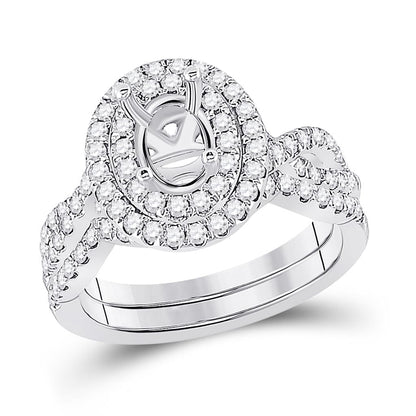 14k White Gold Round Diamond 1 Ct Oval Center Halo Bridal Semi-Mount Set 3/4 Ctw