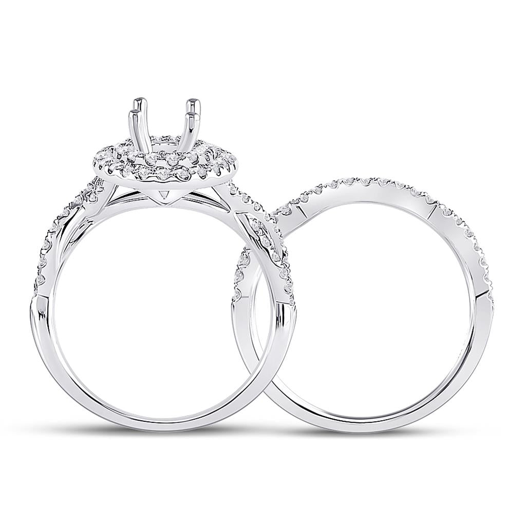 14k White Gold Round Diamond 1 Ct Oval Center Halo Bridal Semi-Mount Set 3/4 Ctw