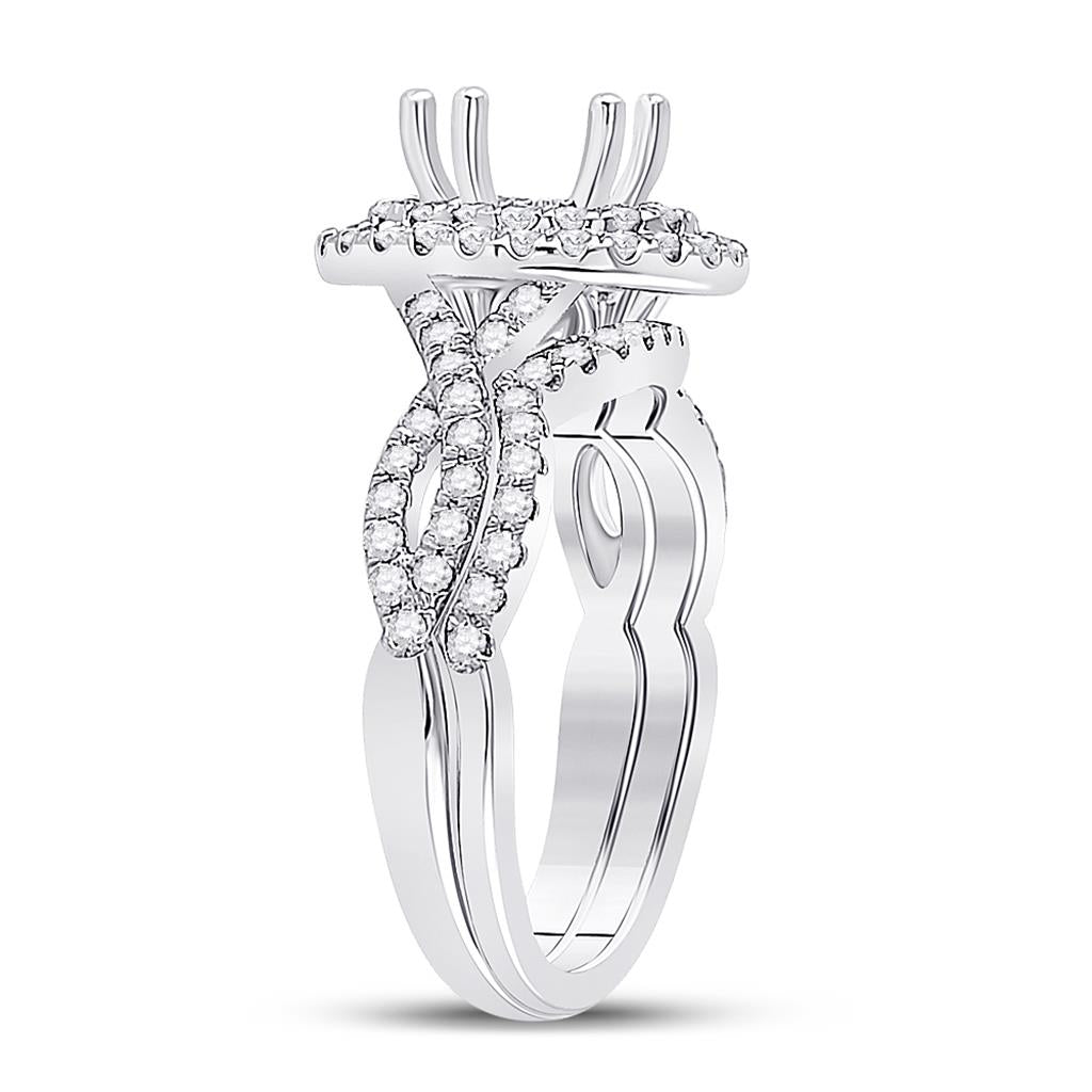 14k White Gold Round Diamond 1 Ct Oval Center Halo Bridal Semi-Mount Set 3/4 Ctw