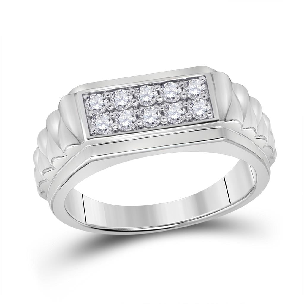 14k White Gold Round Diamond Ribbed Flat Top Band Ring 1/2 Cttw
