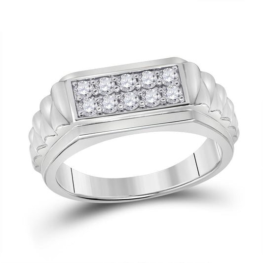 14k White Gold Round Diamond Ribbed Flat Top Band Ring 1/2 Cttw