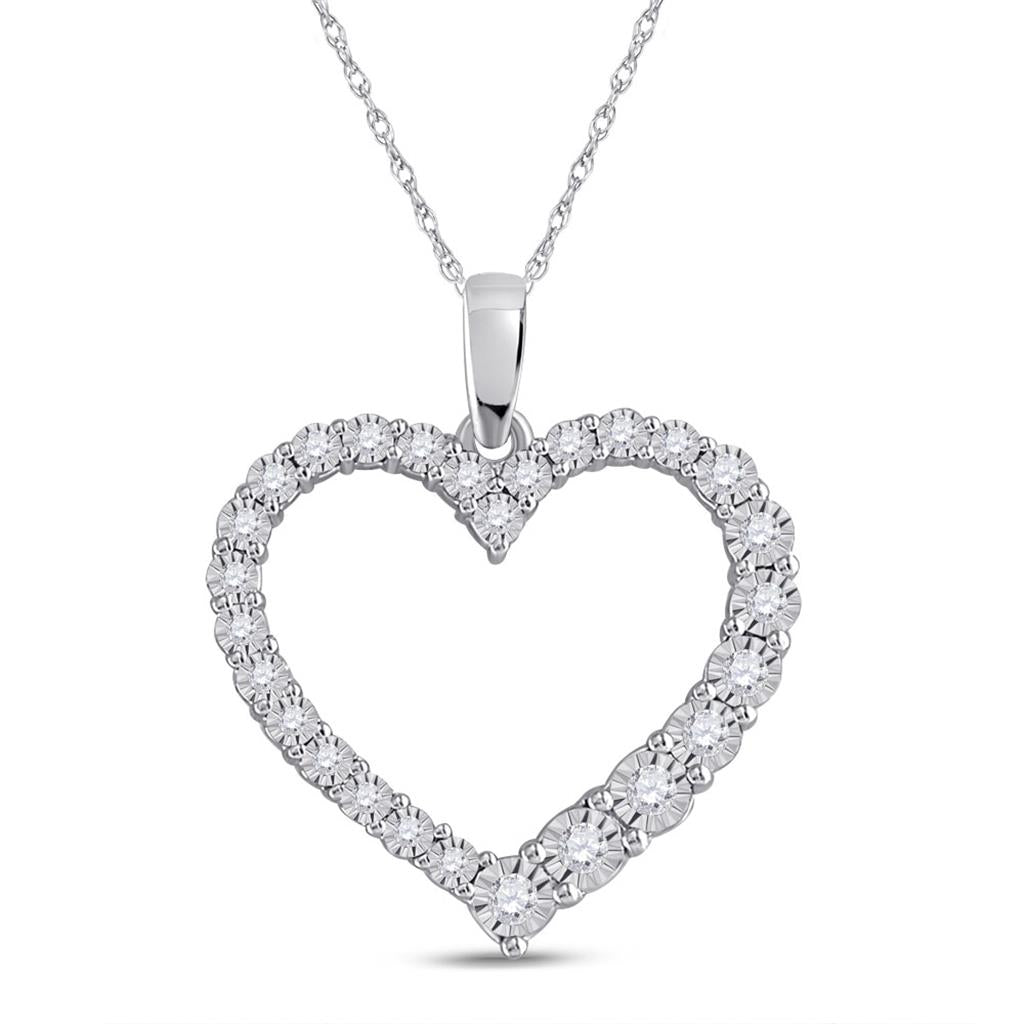 14k White Gold Round Diamond Outline Heart Pendant 1/6 Cttw