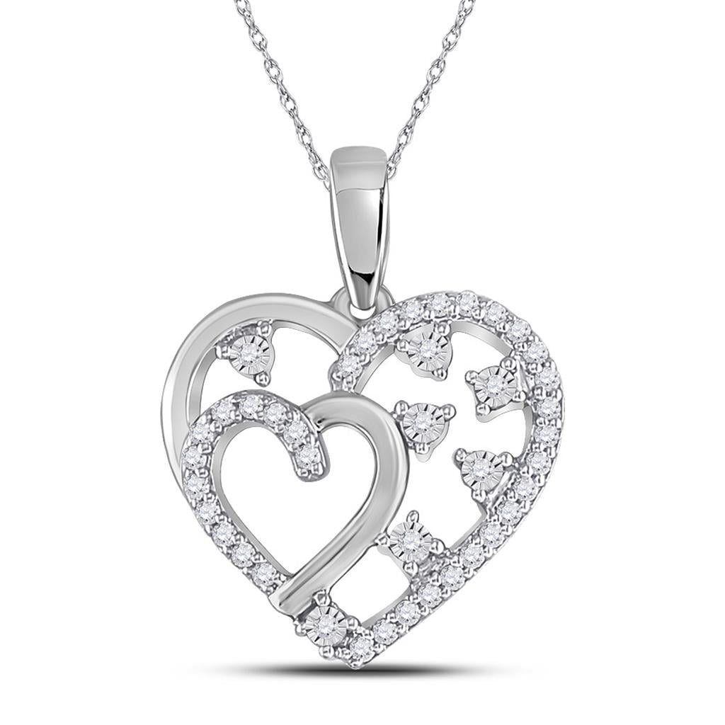 14k White Gold Round Diamond Double Heart Pendant 1/6 Cttw