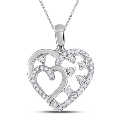 14k White Gold Round Diamond Double Heart Pendant 1/6 Cttw