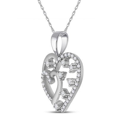 14k White Gold Round Diamond Double Heart Pendant 1/6 Cttw