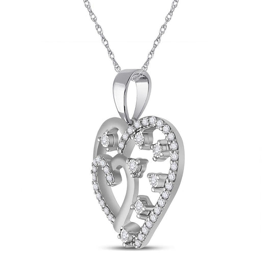 14k White Gold Round Diamond Double Heart Pendant 1/6 Cttw