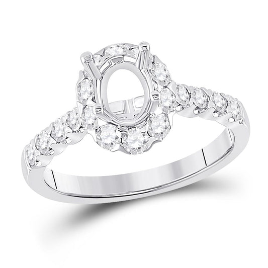 18k White Gold Round Diamond 1 Ct Oval Center Bridal Semi-Mount Ring 7/8 Ctw
