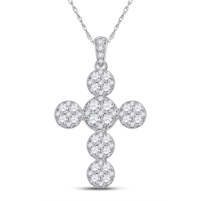 14k White Gold Round Diamond Cluster Cross Pendant 1-1/3 Cttw