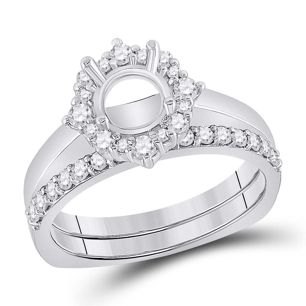 14k White Gold Round Diamond 1 Ct Rd Center Halo Bridal Semi-Mount Set 5/8 Ctw