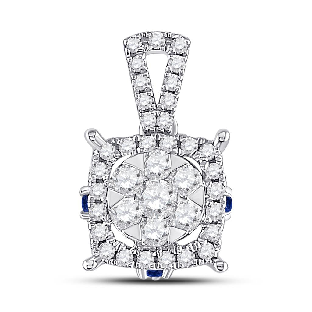 14k White Gold Round Diamond Blue Sapphire Square Pendant 1/2 Cttw
