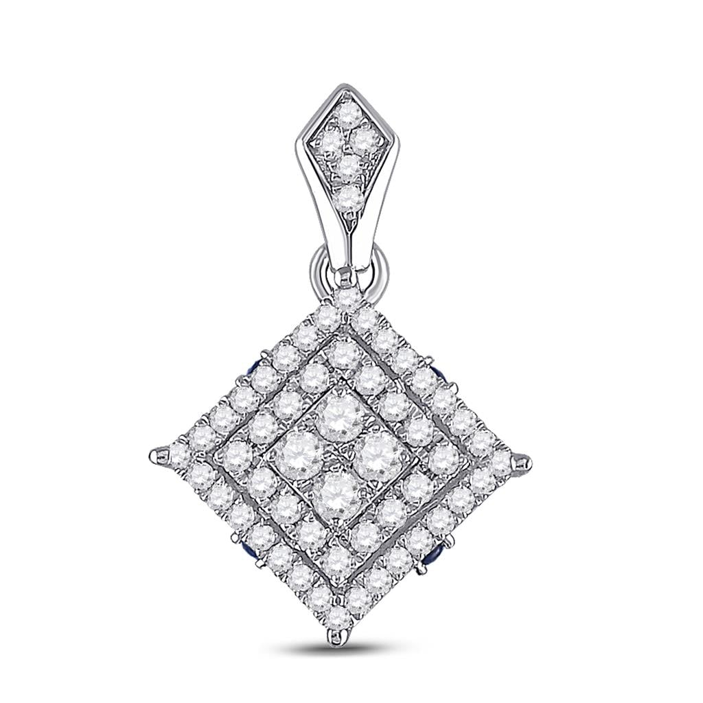 14k White Gold Round Diamond Offset Square Pendant 1/2 Cttw