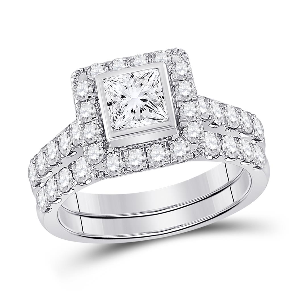 14k White Gold Princess Diamond Bridal Wedding Ring Set 2 Cttw (Certified)