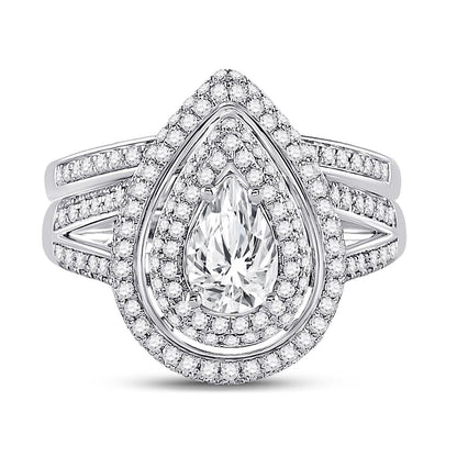 14k White Gold Pear Diamond Bridal Wedding Ring Set 1-1/2 Cttw (Certified)