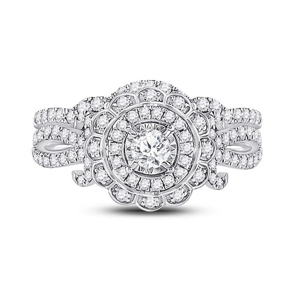 14k White Gold Round Diamond Bridal Wedding Ring Set 1 Cttw
