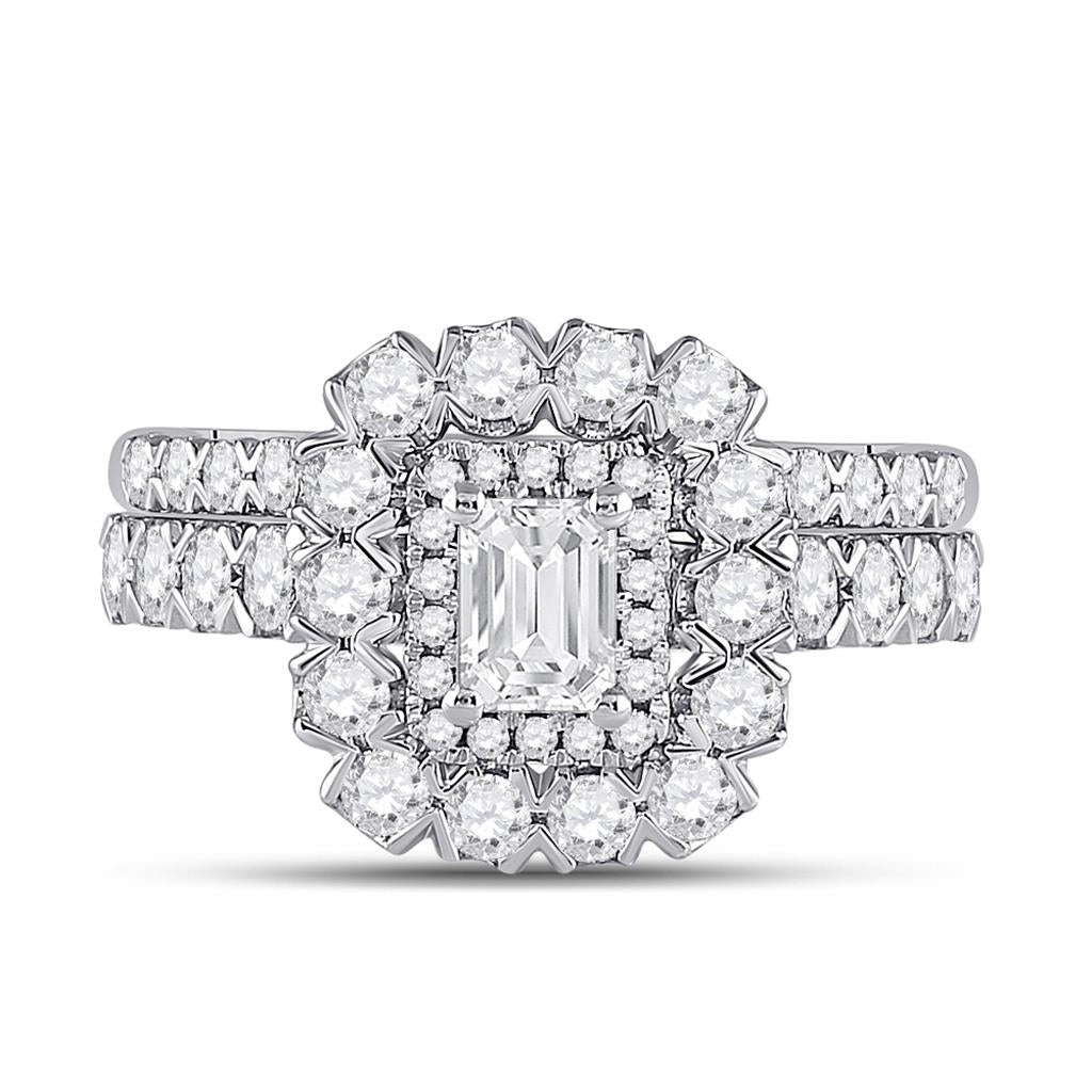 14k White Gold Emerald Diamond Bridal Wedding Ring Set 1-7/8 Cttw (Certified)