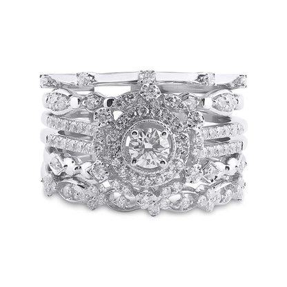 14k White Gold Round Diamond Bridal Wedding Ring Set 1 Cttw (Certified)