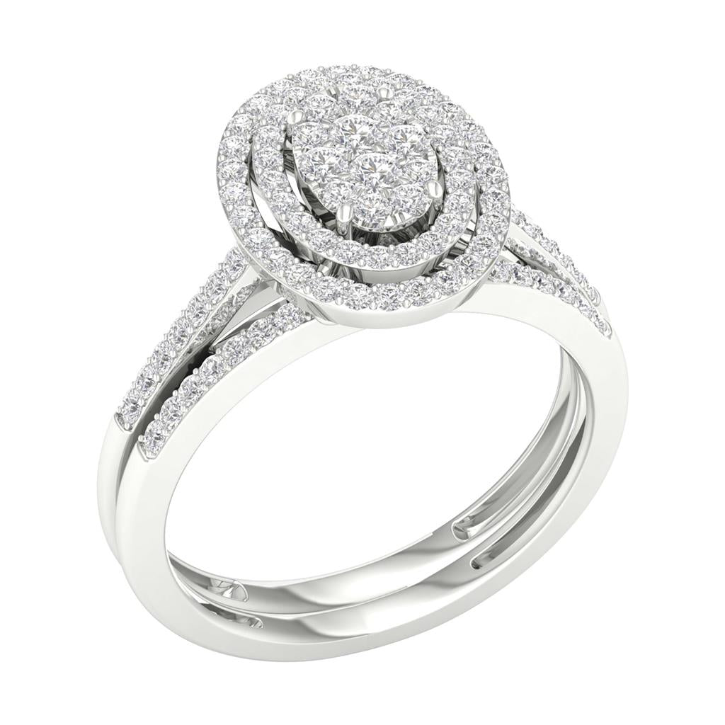 14k White Gold Round Diamond Oval Bridal Wedding Ring Set 1/2 Cttw