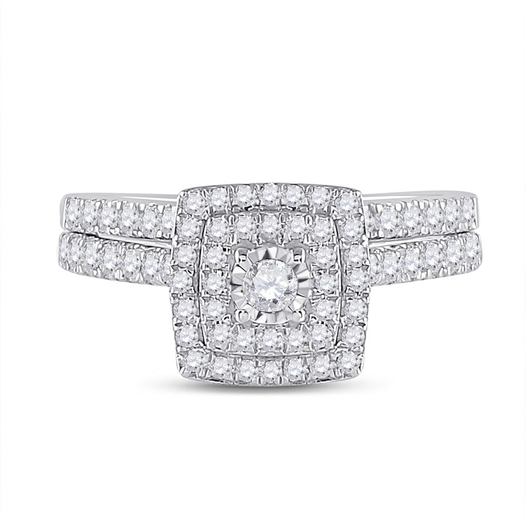 14k White Gold Round Diamond Halo Bridal Wedding Ring Set 1/2 Cttw