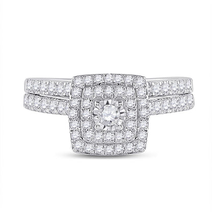 14k White Gold Round Diamond Halo Bridal Wedding Ring Set 1/2 Cttw