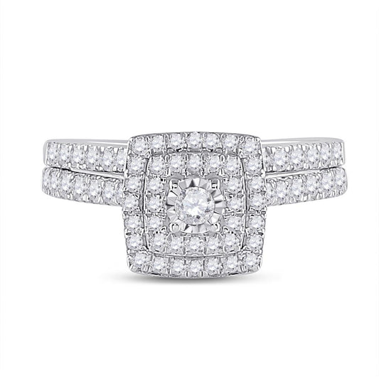 14k White Gold Round Diamond Halo Bridal Wedding Ring Set 1/2 Cttw